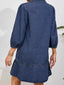 V Neck Collared Single Chest Pocket Long Sleeve Denim Dress