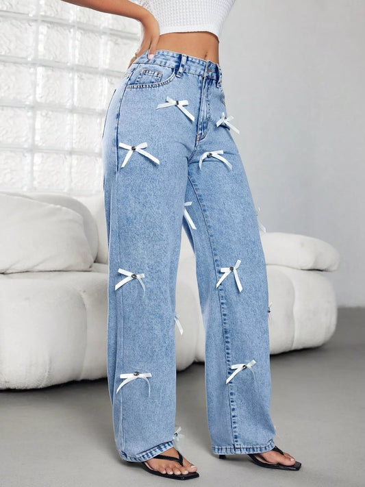 Bow Decor High Waist Wide Leg Jeans