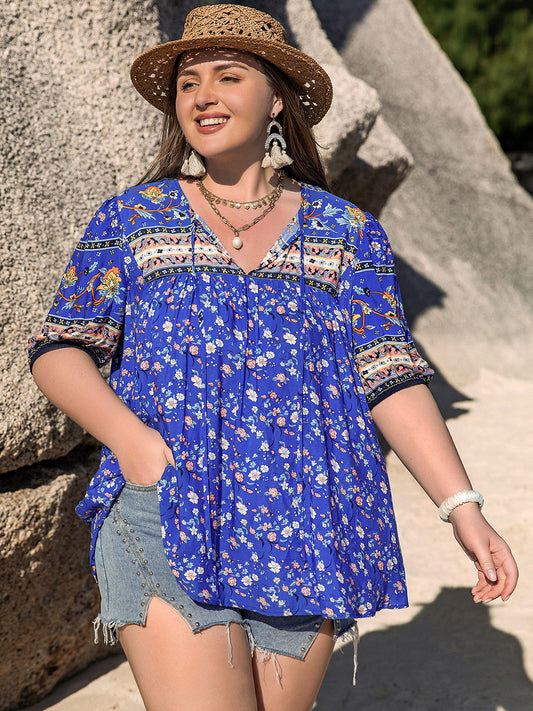 Plus Size Printed Tie Neck Half Sleeve Blouse