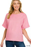 Zenana Linen Round Neck Cuffed Sleeve Top