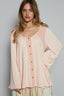 POL Contrast Button Front Long Sleeve Knit Top