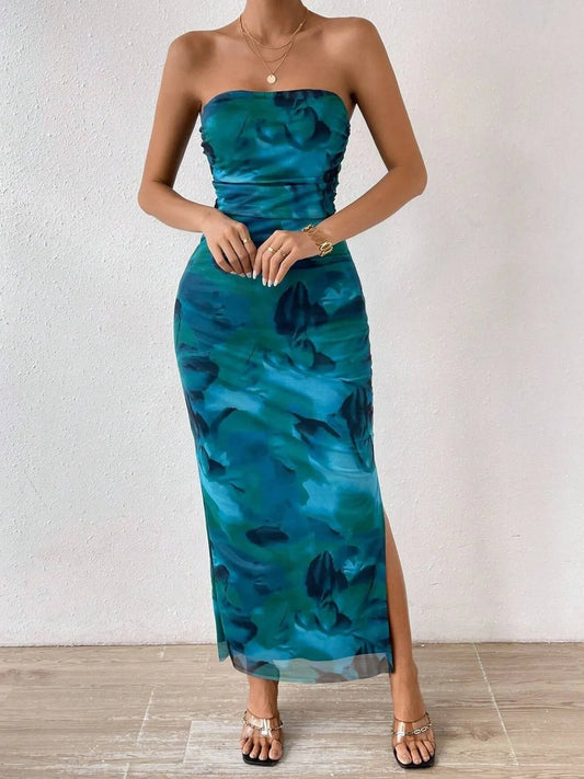 Printed Side Slit Tube Dress