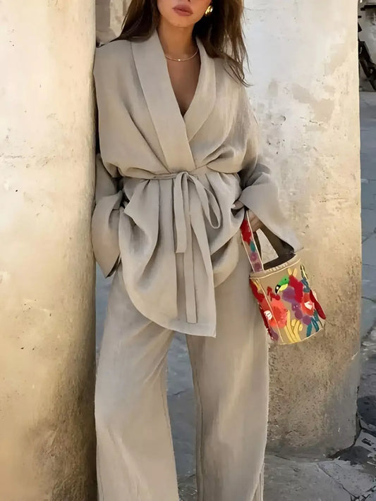 Plus Size Belt Long Sleeve Blazer and Pants Set