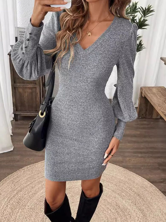 V-Neck Lantern Sleeve Dress