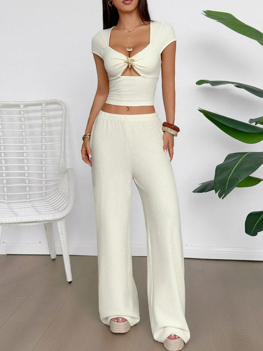 Cutout Short Sleeve Top and Pants Set