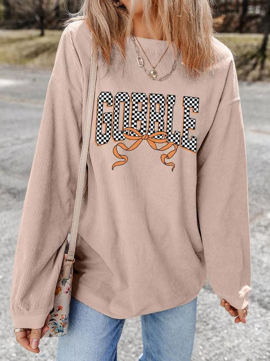 Twisted Ribbed Texture Checkered GOBBLE Bow Baggy Sweatshirt