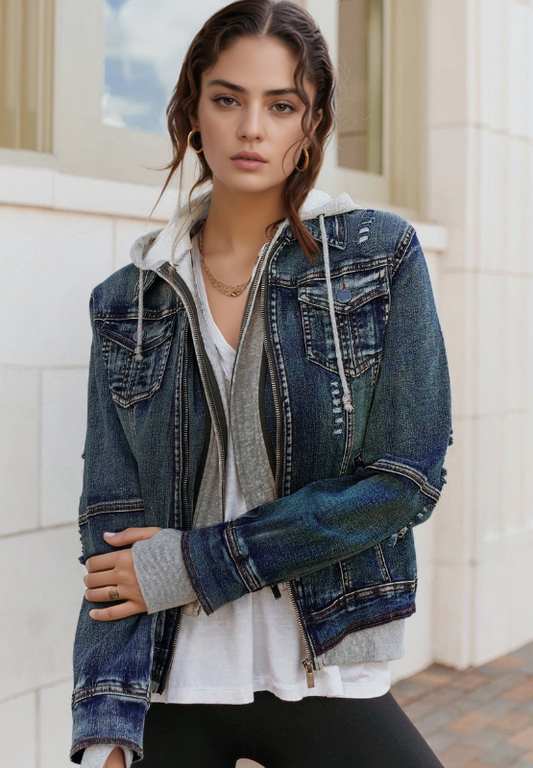 Fake Two-Piece Hooded Zip-Up Denim Jacket