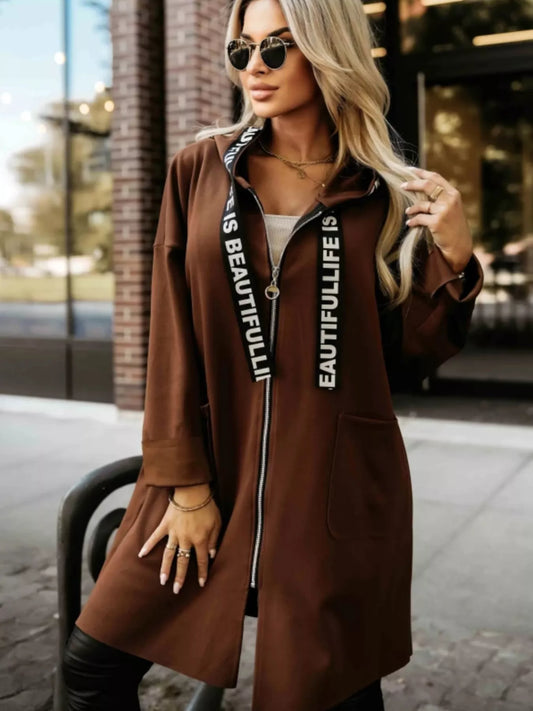 Full Size Casual Hooded Zip-Up Longline Outerwear Plus Size