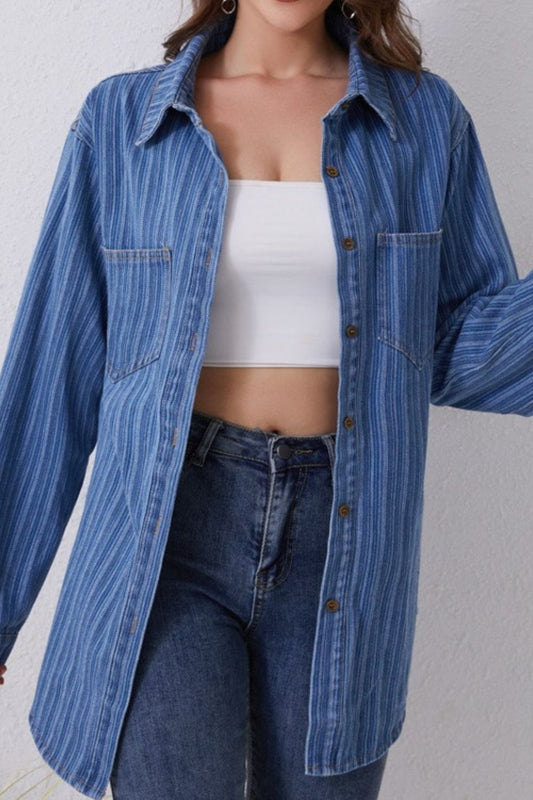 Striped Texture Collared Neck Denim Top