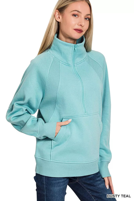 Zenana Half Zip Fleece Sweatshirt with kangaroo Pocket