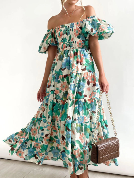 Floral Smocked Puff Sleeve Tiered Dress