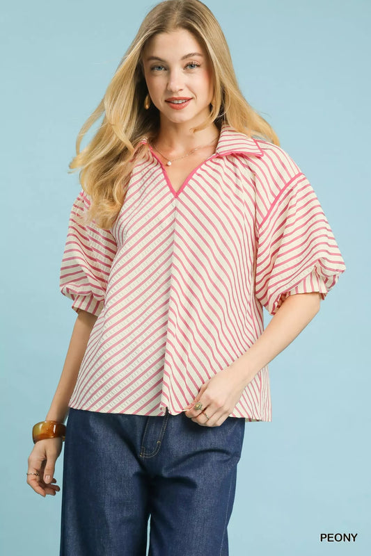Umgee Chevron Stripe Collared Relaxed Top
