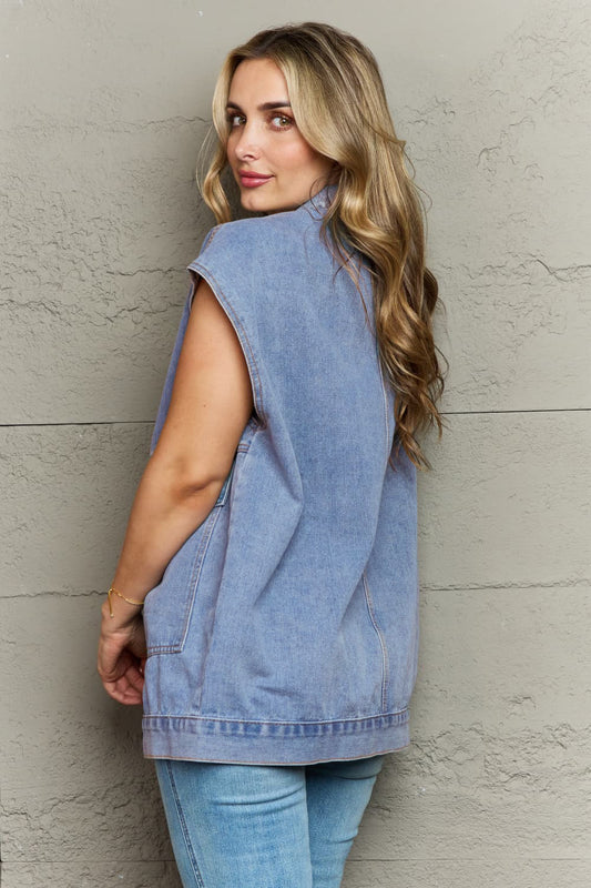 Collared Neck Sleeveless Denim Top with Pockets