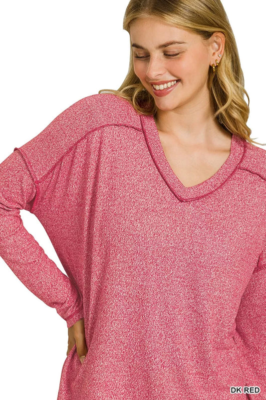 Zenana Soft Melange Hacci Exposed Seam Hi-low Tee