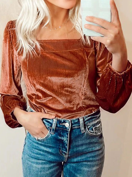 Velvet Ribbed Texture Square Neck Slim Puff Sleeve Top