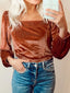 Velvet Ribbed Texture Square Neck Slim Puff Sleeve Top