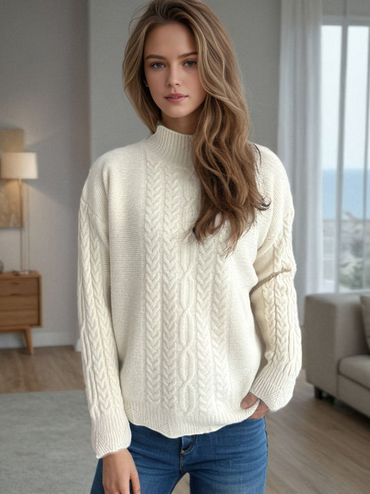 Cable-Knit Mock Neck Dropped Shoulder Sweater