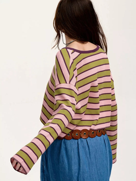 Stripes Waffle Texture Notched Neck Long Sleeve Top