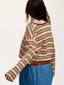 Stripes Waffle Texture Notched Neck Long Sleeve Top