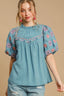 Umgee Full Size Embroidered Puff Sleeve Mock Neck Top Plus Size
