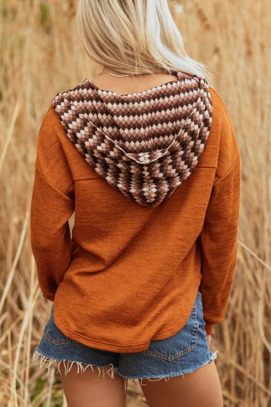 Casual Long Sleeve Henley Hooded Top