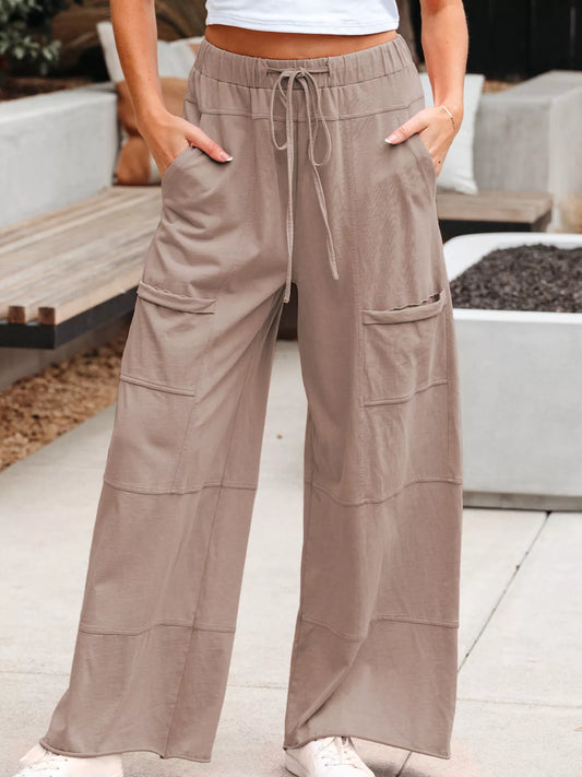 Mineral Wash Exposed Seam Drawstring Elastic Waistband Wide Leg Cargo Pants