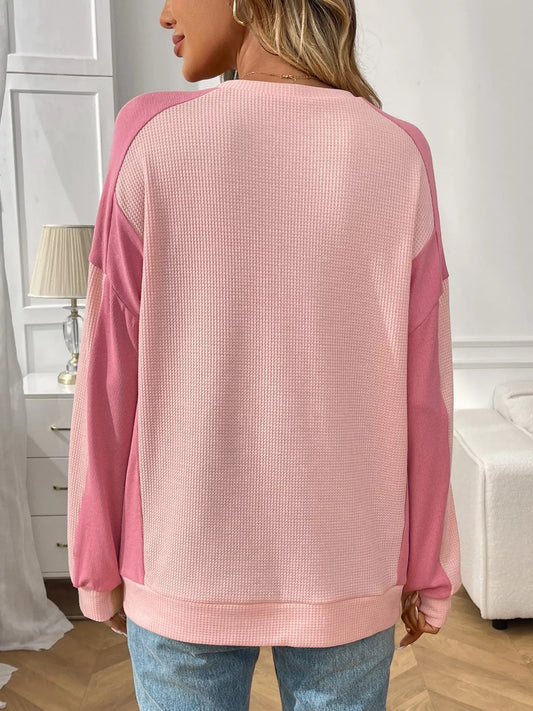 Color Block Waffle Knit Long Sleeve T-Shirt