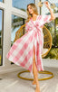 BiBi Front Tied Puff Sleeve Checkered Dress with Cut Out Detail