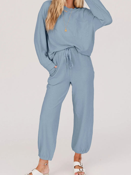 Ribbed Round Neck Sweatshirt and Drawstring Pants Set
