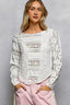 POL Round Neck Long Sleeve Exposed Seam Top with Lace Detail