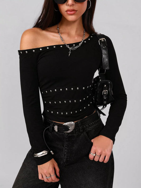 Studded One Shoulder Long Sleeve T-Shirt