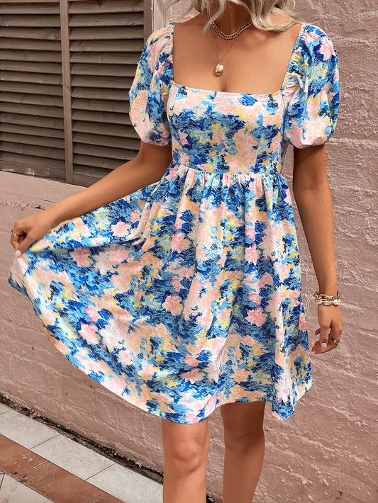 Honey Floral Square Neck Puff Sleeve Dress