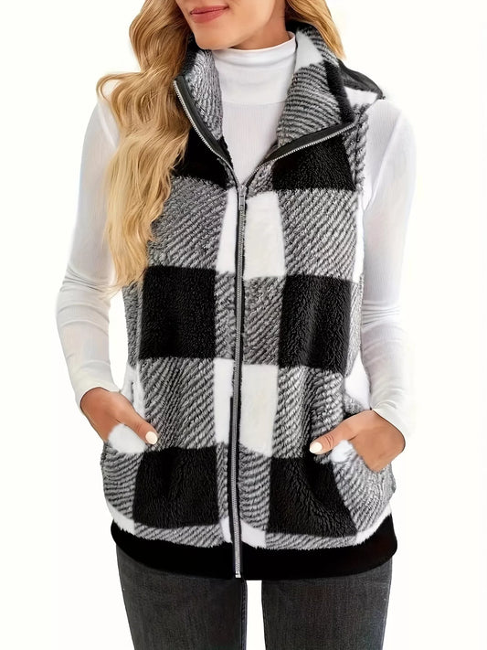 Plus Size Cozy Plaid Fleece Vest Coat