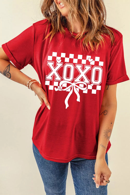 XOXO Checkered Ribbon Bow Print Valentines Day T Shirt