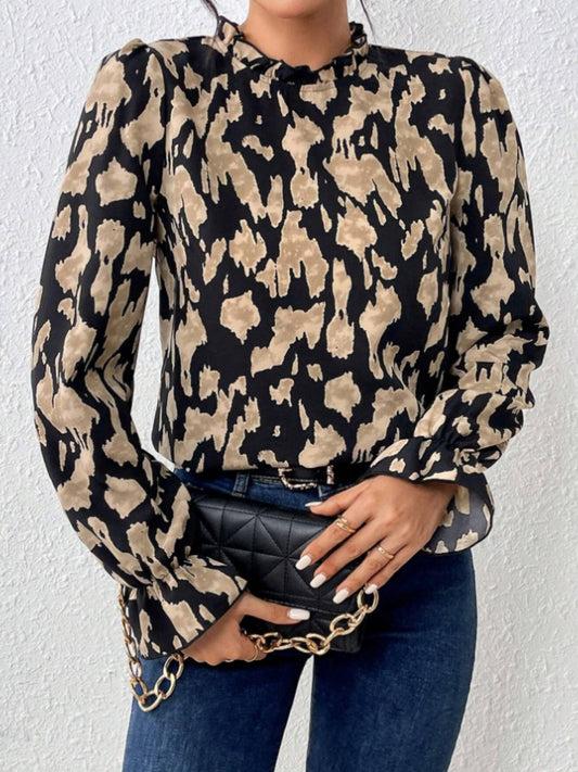 Frill Leopard Mock Neck Flounce Sleeve Blouse