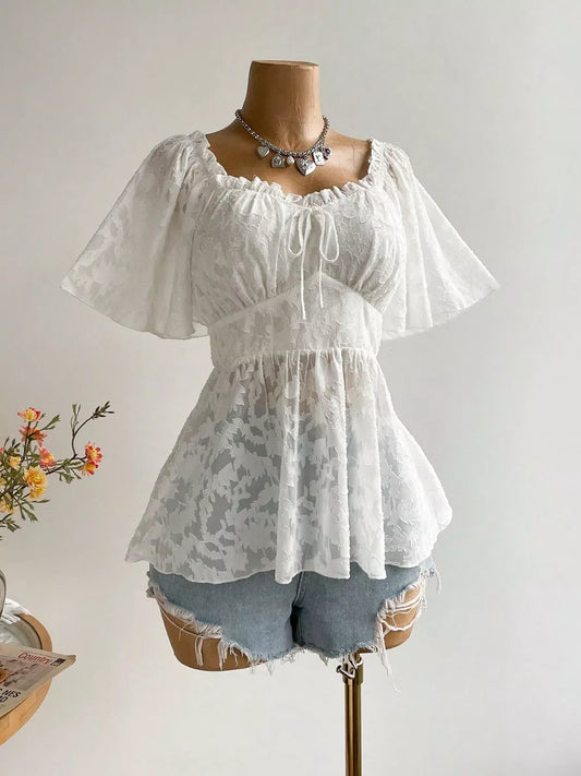 Plus Size Floral Flutter Sleeve Blouse with Smocked Back