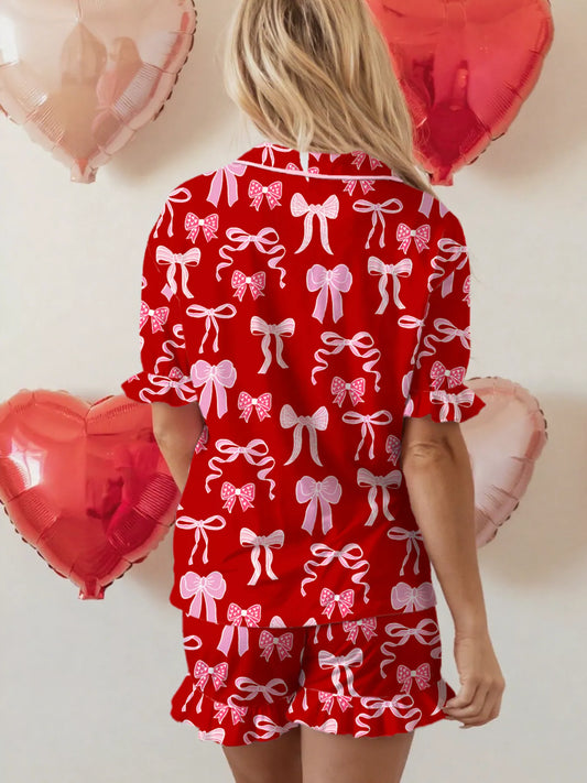 Bow Print Ruffled Short Sleeve Shirt and Shorts 2pcs Pajama Set
