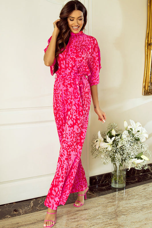 Printed Mock Neck Kimono Sleeve Jumpsuit