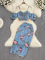Floral Print Sweetheart Neck Cami and Skirt Denim Set