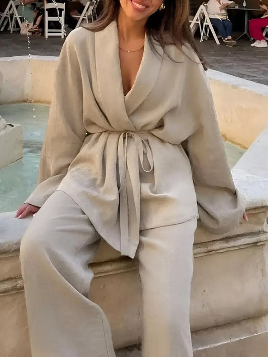 Plus Size Belt Long Sleeve Blazer and Pants Set