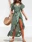 Tied Ruffled Printed Short Sleeve Midi Wrap Dress