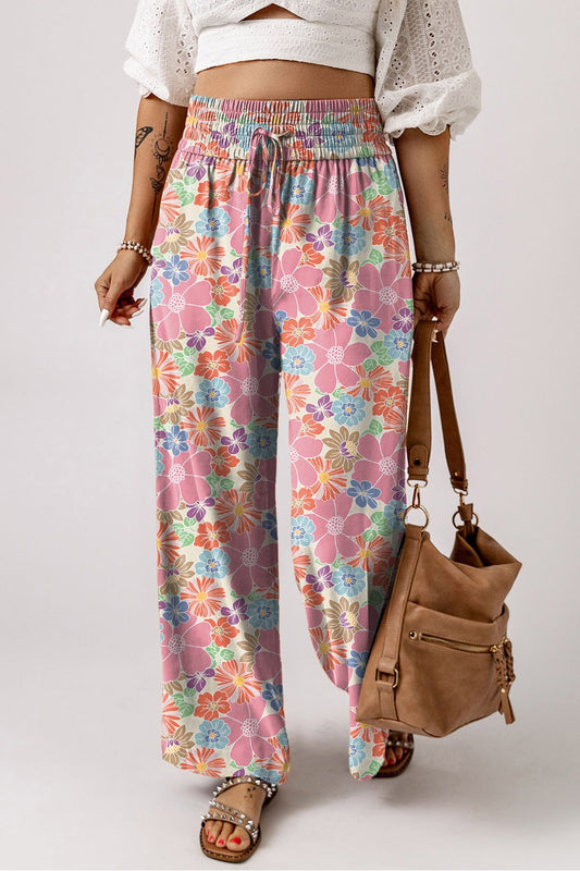 Drawstring Printed Wide Leg Pants