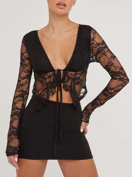 Tied Plunge Long Sleeve Lace Cropped Shirt