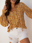 Floral Ruffled Bubble Sleeve Tie Neck Blouse