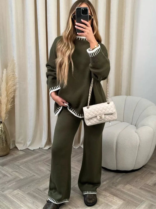 Contrast Trim Round Neck Top and Pants Sweater Set