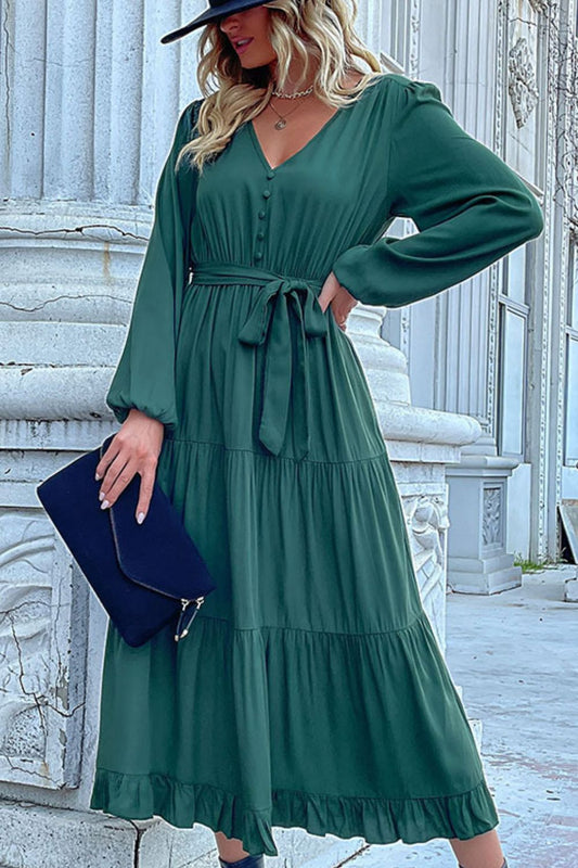 Perfee Buttoned V-Neck Puff Sleeve Tiered Dress