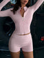 Zipper Front Long Sleeve Top and Shorts Active Set