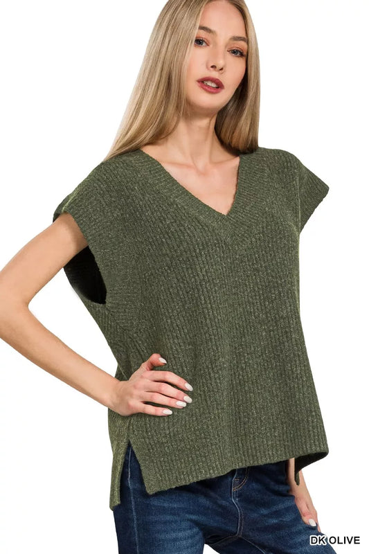 Zenana Ribbed Slit V-Neck Sweater Vest