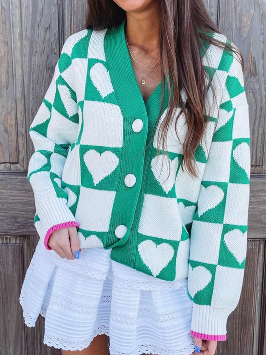 Plaid Heart Knit V Neck Button Down Sweater Cardigan