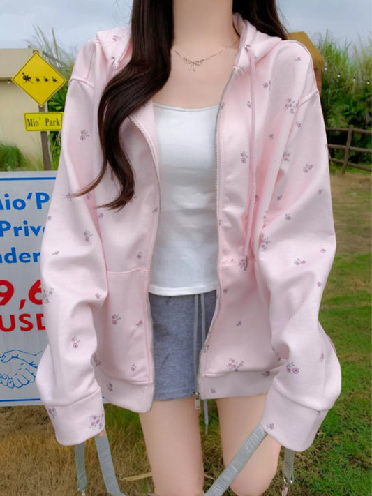 Floral Print Zip-Up Hoodie